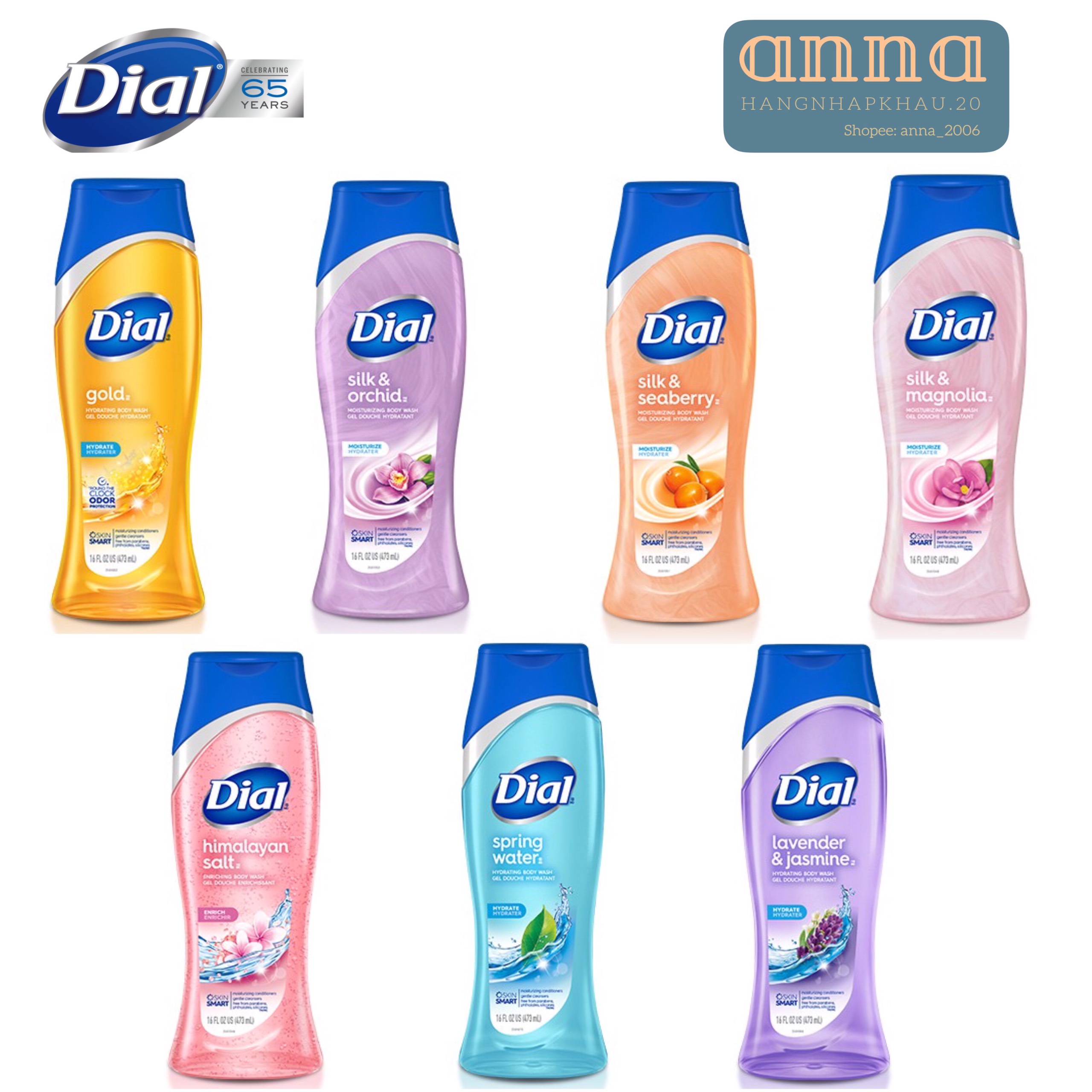 Sữa tắm Dial Lavender&Jasmine, Spring Water, Gold, Himalayan Salt, Silk&Magnolia/Orchid/Seaberry [USA-7 mùi hương-473ml]