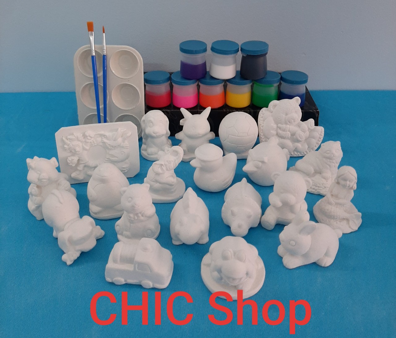 Bộ 20 tượng tô màu thạch cao size 5-7cm + 9 x 20ml màu + 2 cọ + 1 khay pha màu 6 lỗ