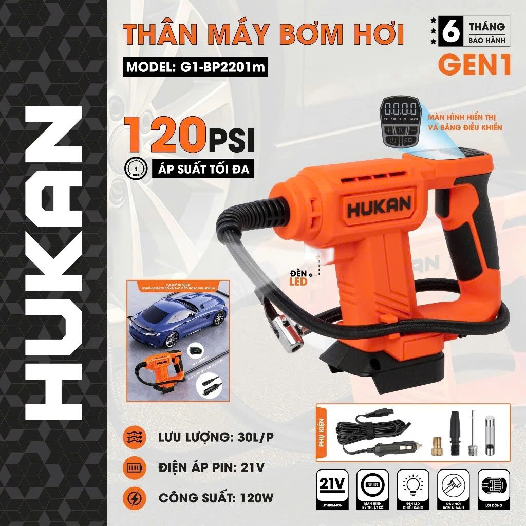 Thân Máy bơm hơi pin HUKAN G1-BP2201 Kèm 3 đầu bơm Có dây cắm tẩu ô tô Bơm lốp ô tô xe đạp xe máy
