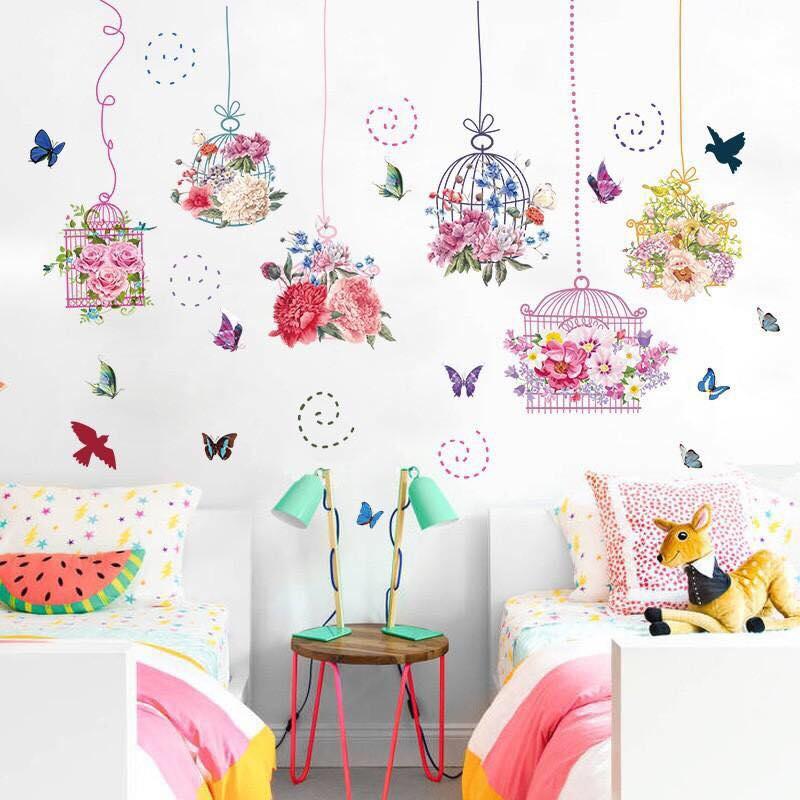 Decal dán tường mẫu giỏ hoa trang trí