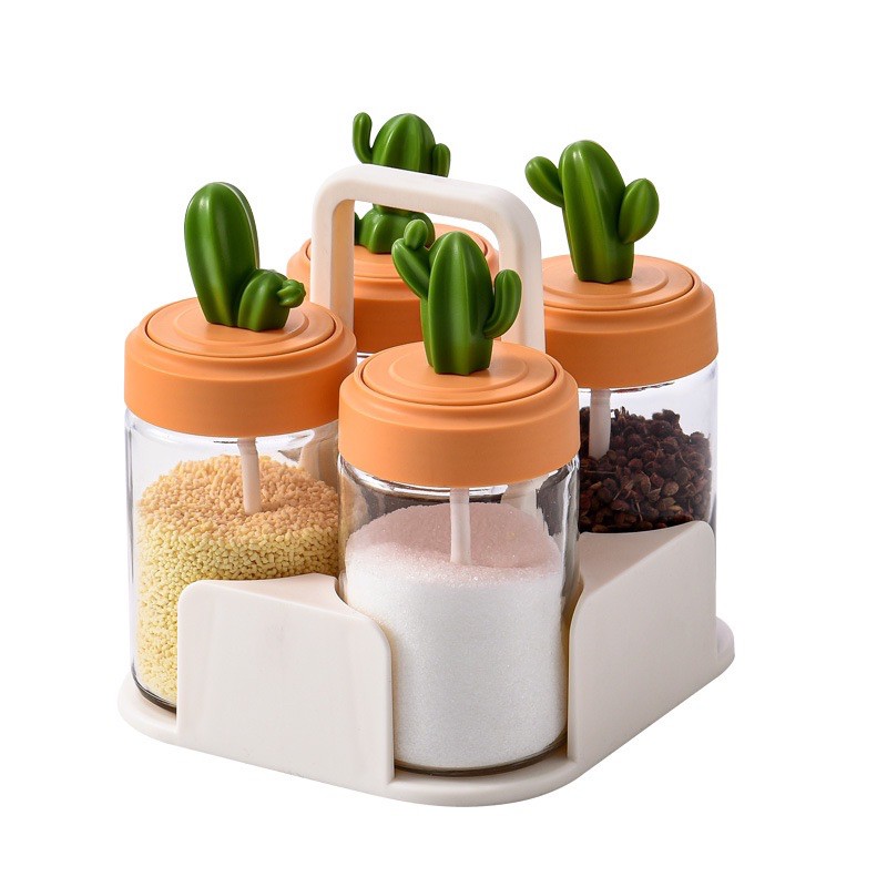 Set 4 lọ đựng gia vị thuỷ tinh hình cây xương rồng thiết kế kèm giá và thìa múc