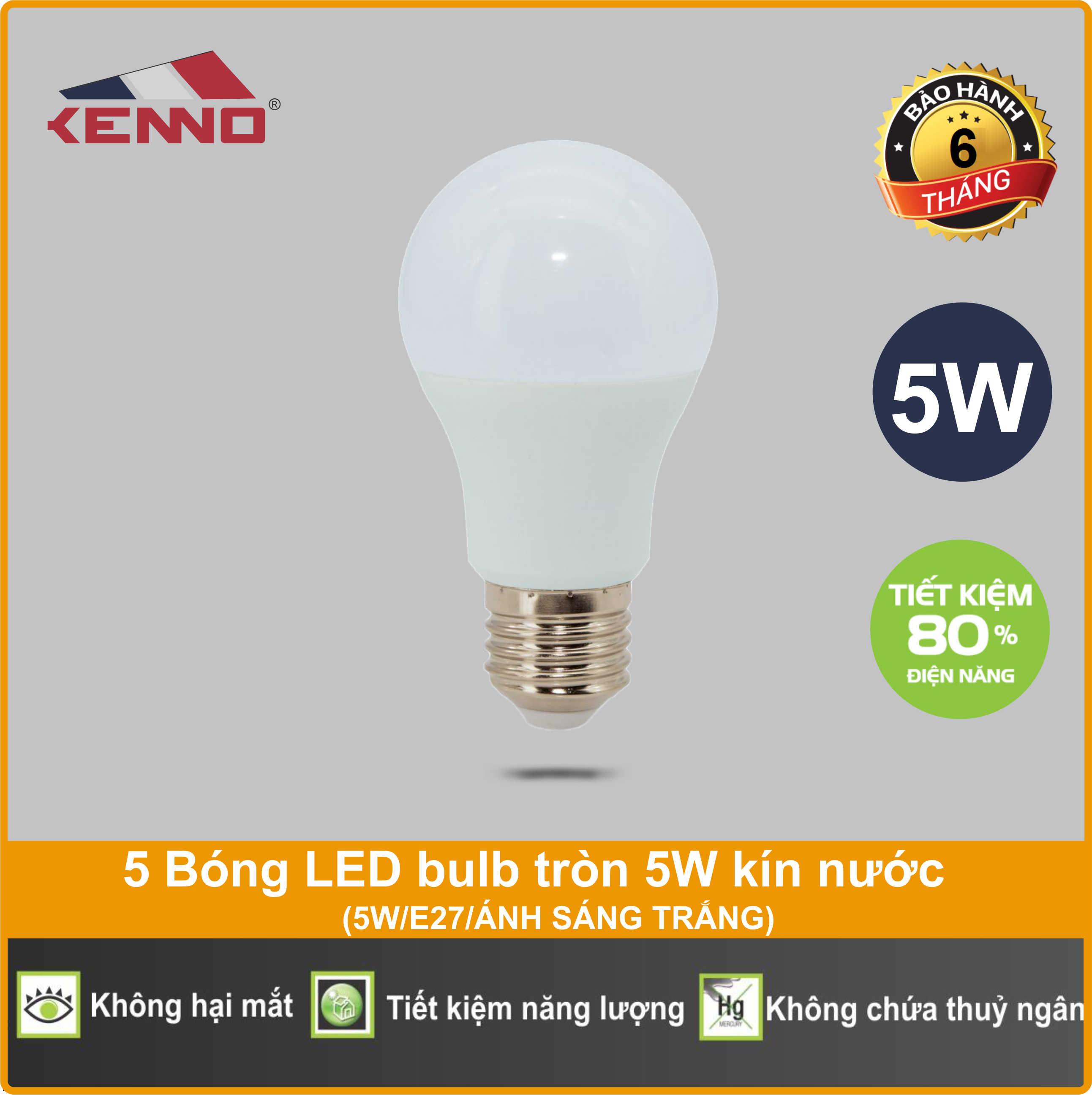 Bộ 5 bóng LED bulb tròn 5W kín nước ánh sáng trắng