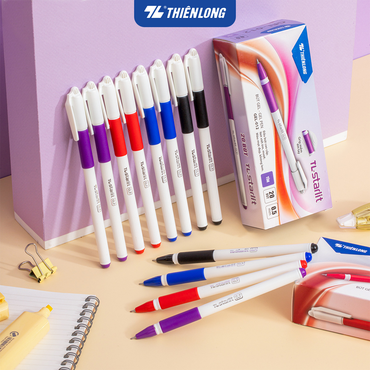 Combo 5 10 20 Bút Gel Thiên Long GEL-012 ngòi 0.5mm mực xanh đỏ đen tím có đệm cầm tay mềm đầu bi cao cấp