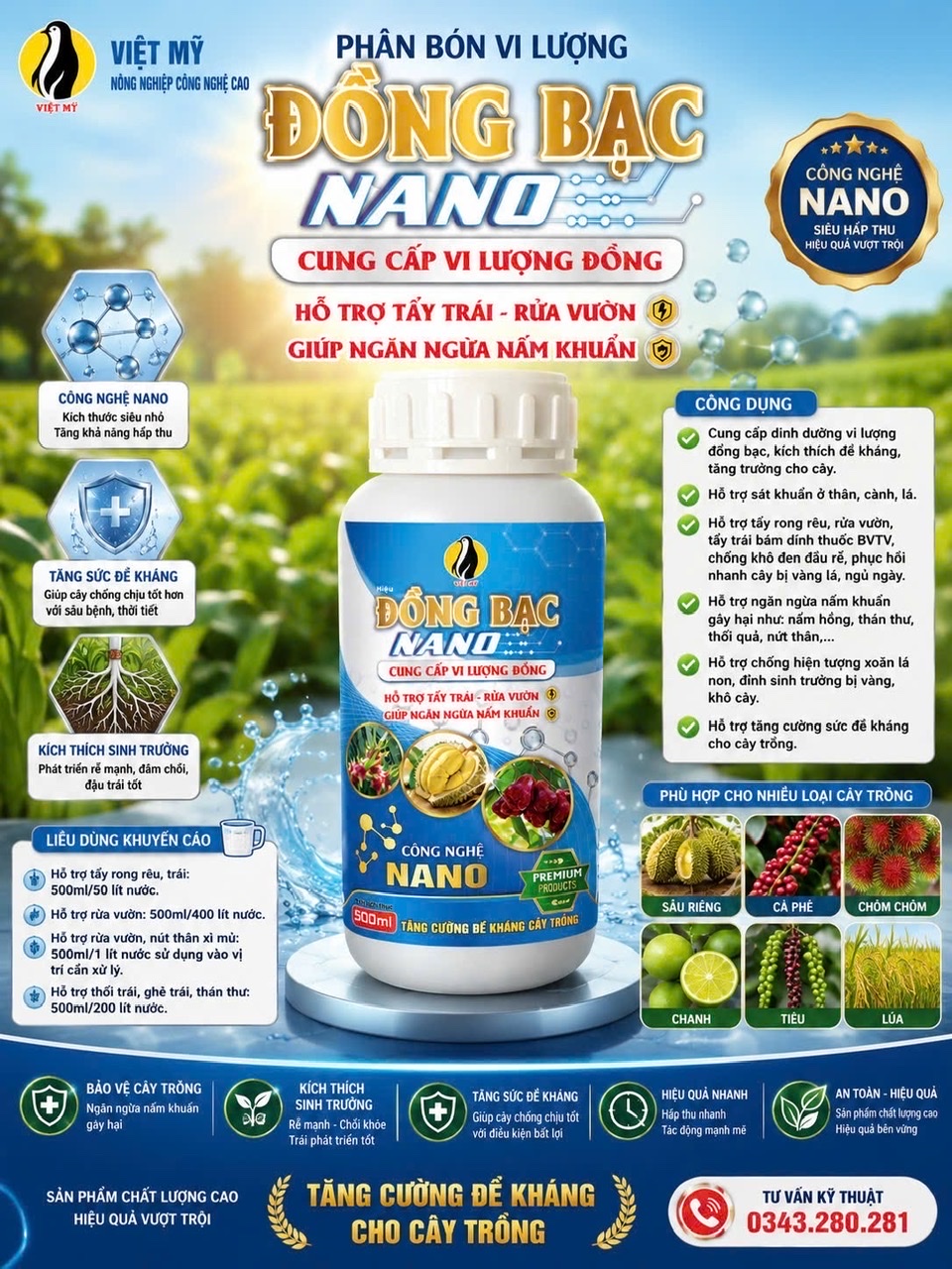 Dung dịch bảo vệ cây trồng không lo nấm khuẩn Nano Bạc Đồng 500ml nhãn mới, Phòng mạnh các loại nấm khuẩn trên cây trồng, tăng sức đề kháng các bệnh vàng lá, thối rễ, chết cây con.