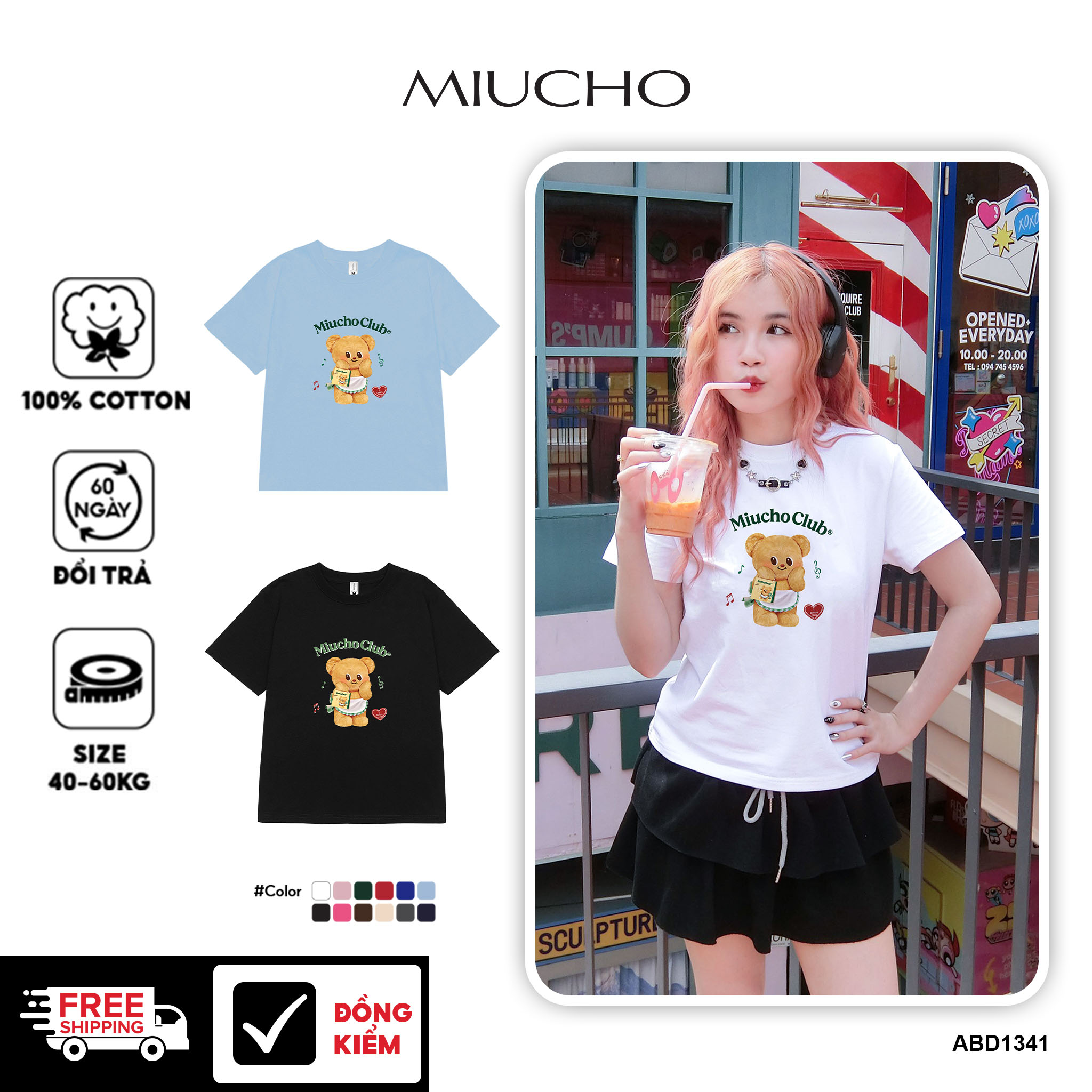 Áo baby tee Butter Bear đáng yêu form ôm ABD1341 Miucho tay ngắn vải cotton in mix