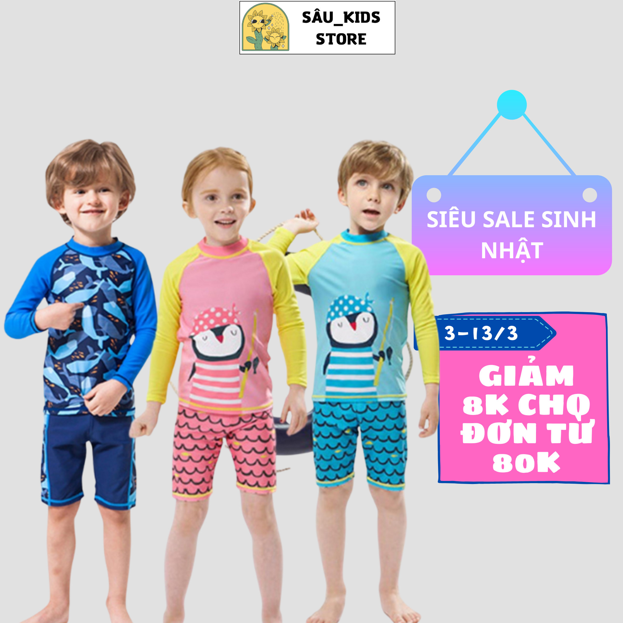 Quần áo bơi tắm mưa trẻ em supperkids in hình dễ thương vải co giãn thoáng mát cho bé đi biển thoải mái