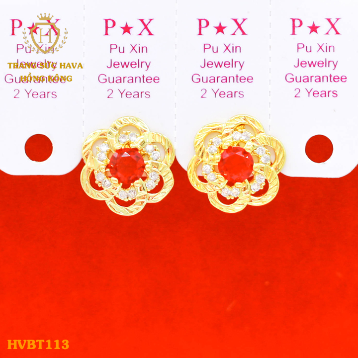Khuyên Tai, Bông Tai Nữ Dáng Bám Sát Tai Mặt Cánh Hoa Màu Đỏ, Titan Xi Mạ Vàng Non 24k Thật Cao Cấp (Không Bị Xỉn Đen) - Trang Sức Hava Hong Kong Phong Cách Thời Trang