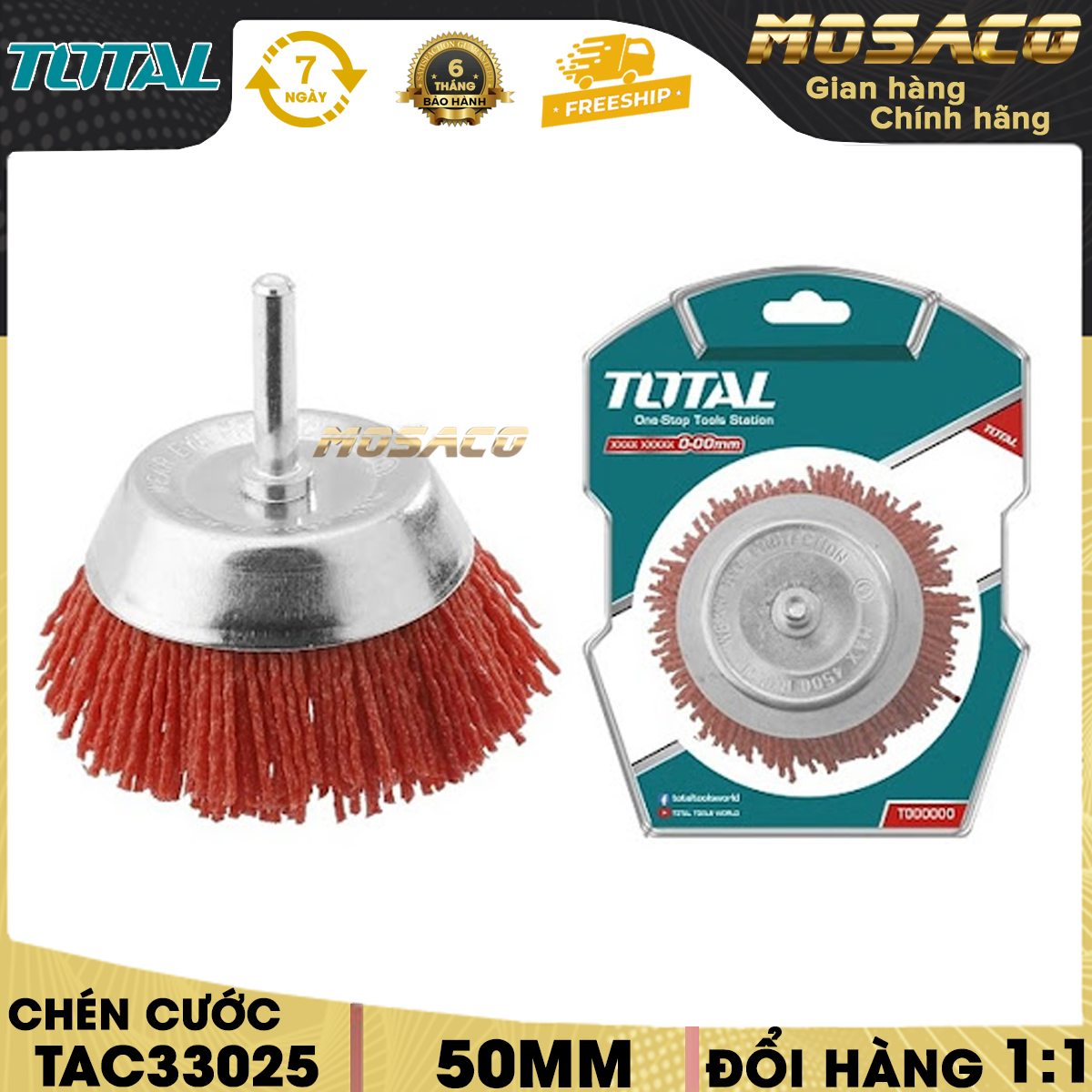 Chén cước nylon TOTAL TAC33025 kích thước 50mm - 75mm. Chổi cước, chén cước sợi nylong, đường kính dây cước 1,3-1,5mm, đường kính cốt 6.3mm, đóng gói bằng vỉ nhựa tuổi thọ cao và bảo hành 6 tháng- MOSACO