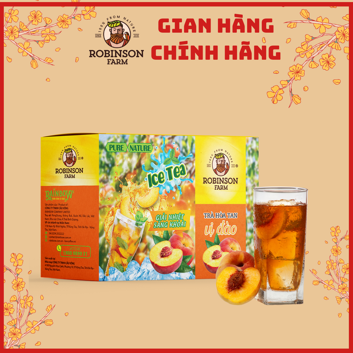 Trà Hoà Tan Vị Đào Robinson Farm - Hộp 240gr ( 16 túi x 15g ) Thơm vị trà - Đậm vị Đào - Top bán chạy trong siêu thị
