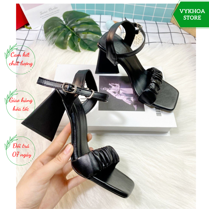 Giày Cao Gót Sandal Quai Ngang Thiết Kế Bèo Nhún Thời Trang Gót Trụ Cao 8p Gsd.quainhung