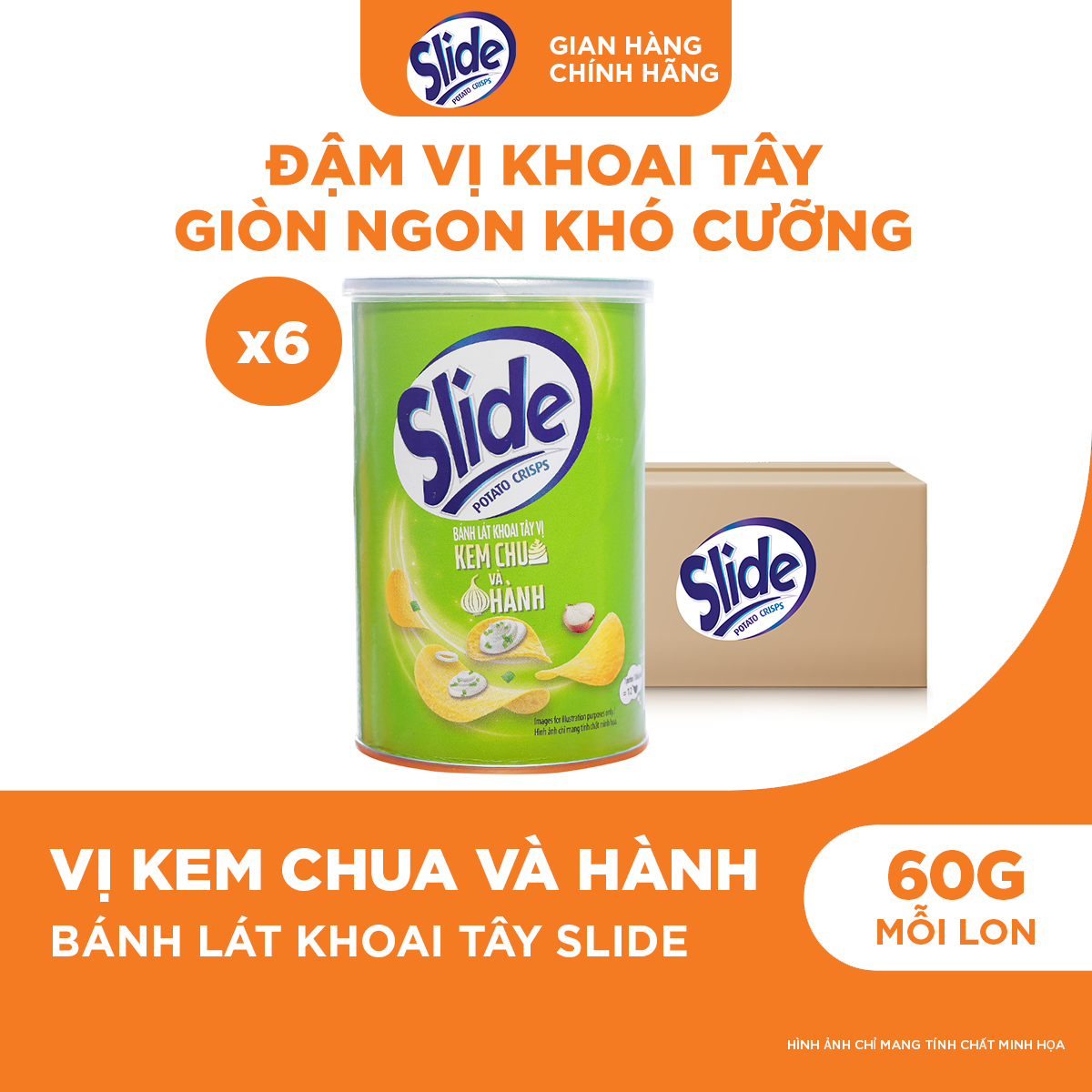 Combo 6 Lon Bánh Lát Snack Khoai Tây Slide Vị Kem Chua  Hành 60g
