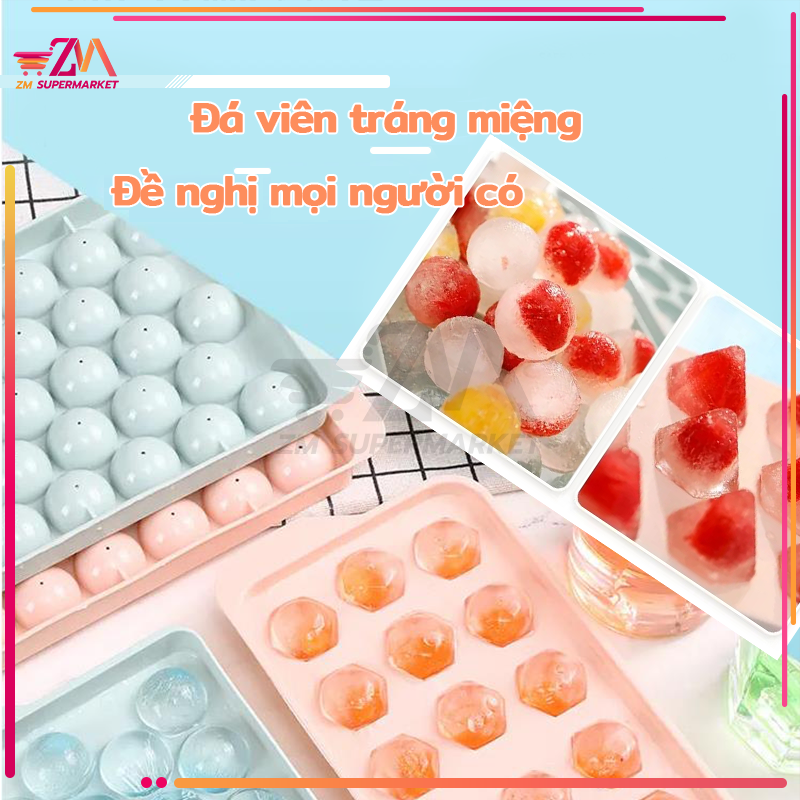 Khay đá tròn khay làm đá viên tròn loại nhỏ khay đá bi tròn tủ lạnh 33 viên có nắp đậy