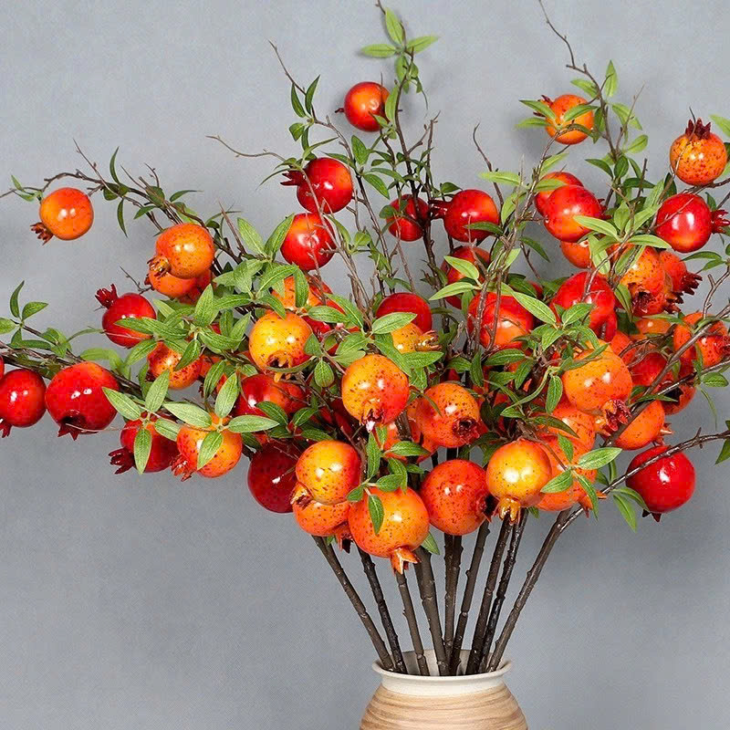  Cành Lựu Đỏ Cành Quả Hồng 7 Quả Cành Đào Đông 12 Nhánh - Cây Hoa Giả Cao Cấp Trang Trí Nhà Cửa Ngày Tết 