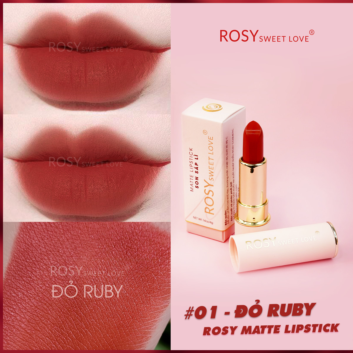 Son sáp lì rosy sweetove hàng chính hãng màu đỏ ruby