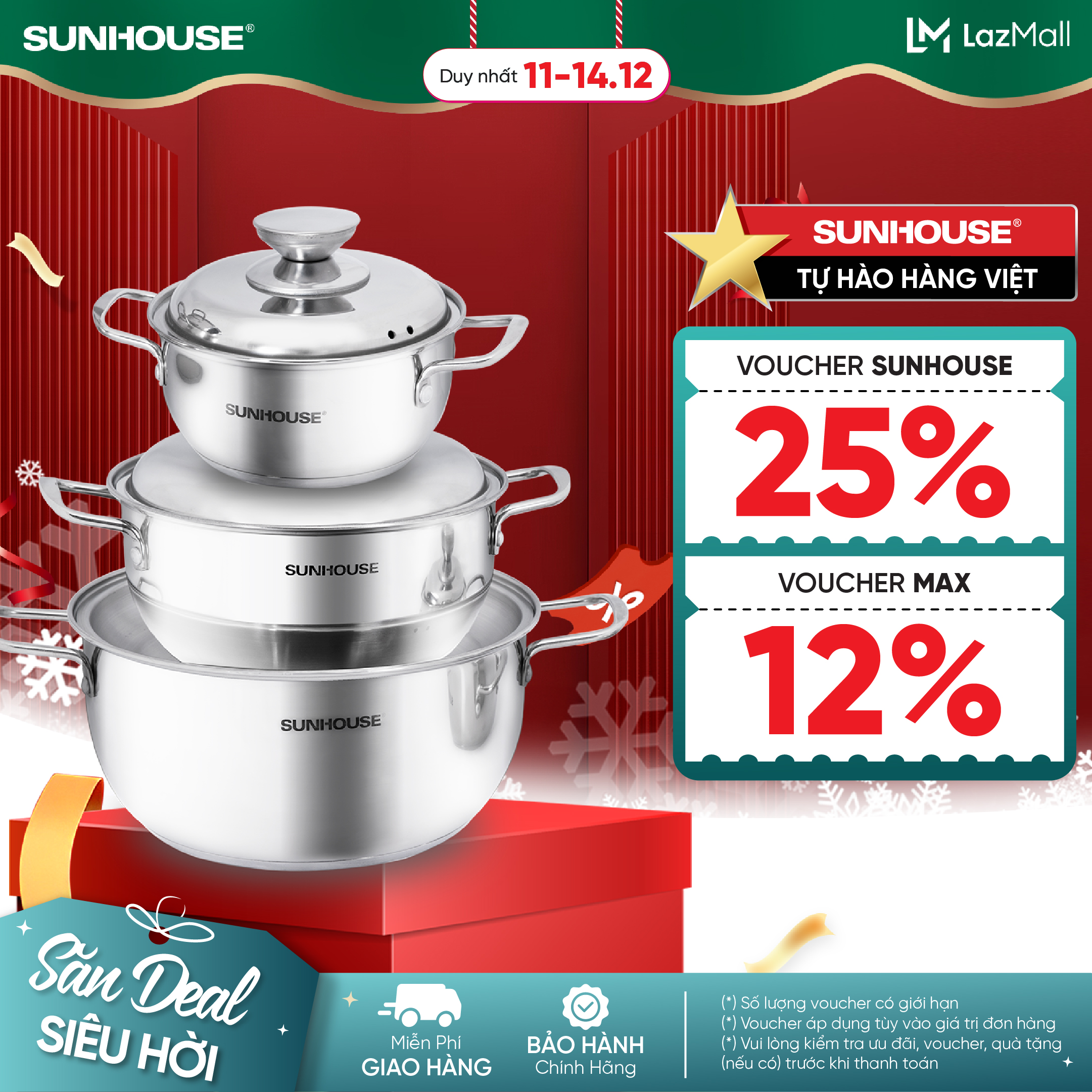  Bộ Nồi Inox 3 Đáy SUNHOUSE SH335 - 16 20 24 cm - Đáy 3 Lớp Truyền Nhiệt Nhanh - Chất liệu inox cao cấp không bị oxy hoá - Phù Hợp Mọi Loại Bếp - Hàng Chính Hãng 