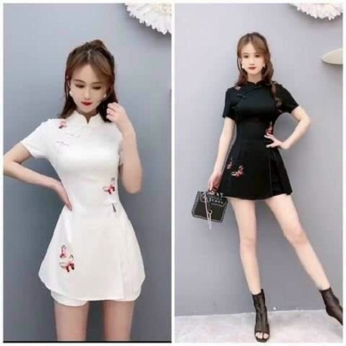 Áo kiểu cổ tàu nút mây kèm quần set bộ đùi nữ dễ thương áo có khóa kéo hai màu trắng và đen