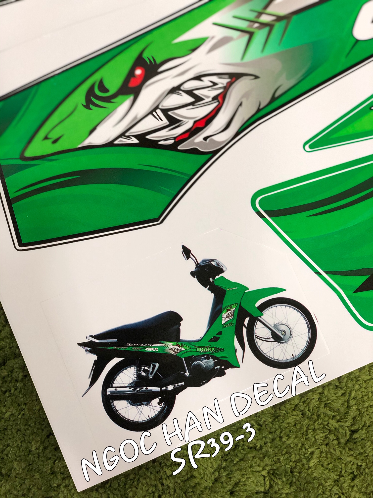 [HCM]Tem chế nguyên bộ nửa đầu cá mập màu xanh lá cây cho xe Sirius -- Ngọc Hân Decal