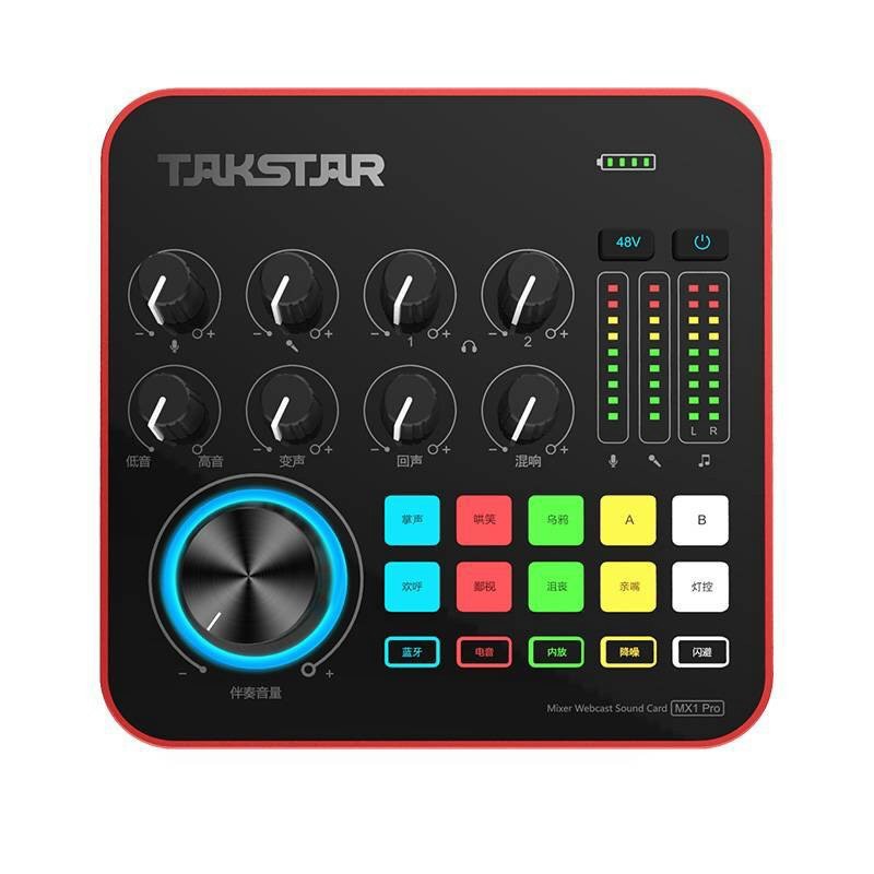 Sound card takstar mx1 pro thu âm, livestream hỗ trợ bluetooth , 8 hiệu ứng, đèn led đổi màu, tích hợp pin