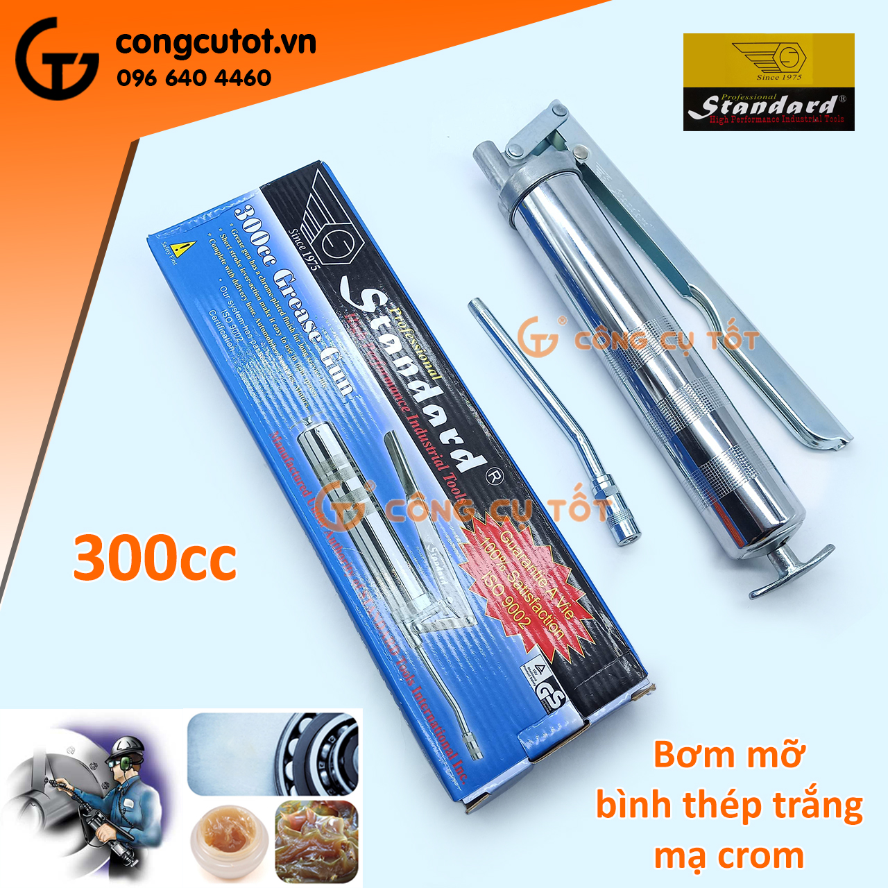 Bơm mỡ Standard bình thép trắng 300cc