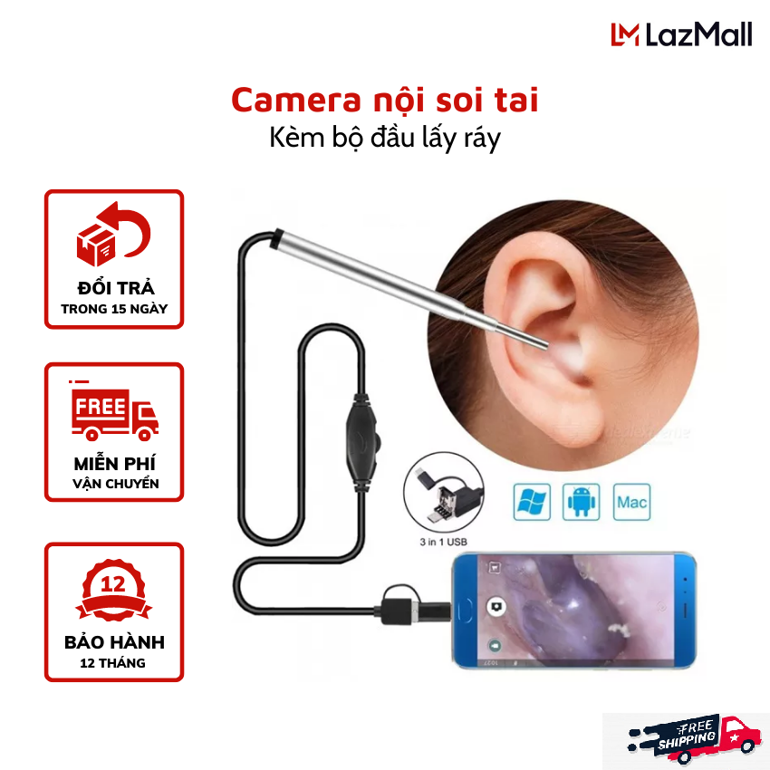 Bộ Lấy Ráy Tai Có Đèn,  Camera Nội Soi Tai, Mũi, Họng An Toàn Không Gây Khó Chịu - Camera Mini Nội Soi Kết Nối điện Thoại Android, Dễ Dàng Lấy Ráy Tai, Full HD Cho Hình ảnh Sắc - Bảo Hành Uy Tín Tại Aloha HCM