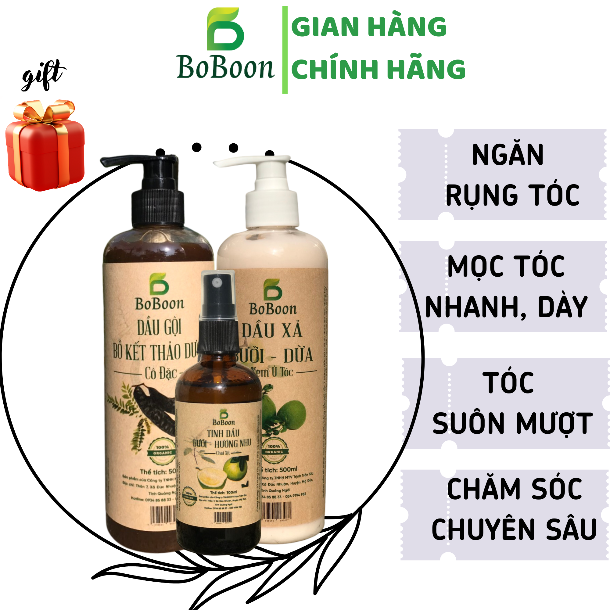 Bộ ba Dầu gội + Dầu xả + Xịt bưởi BoBoon chăm sóc tóc chuyên sâu ngăn rụng tóc, kích thích mọc tóc, sạch gàu, mượt tóc, phục hồi tóc hư tổn