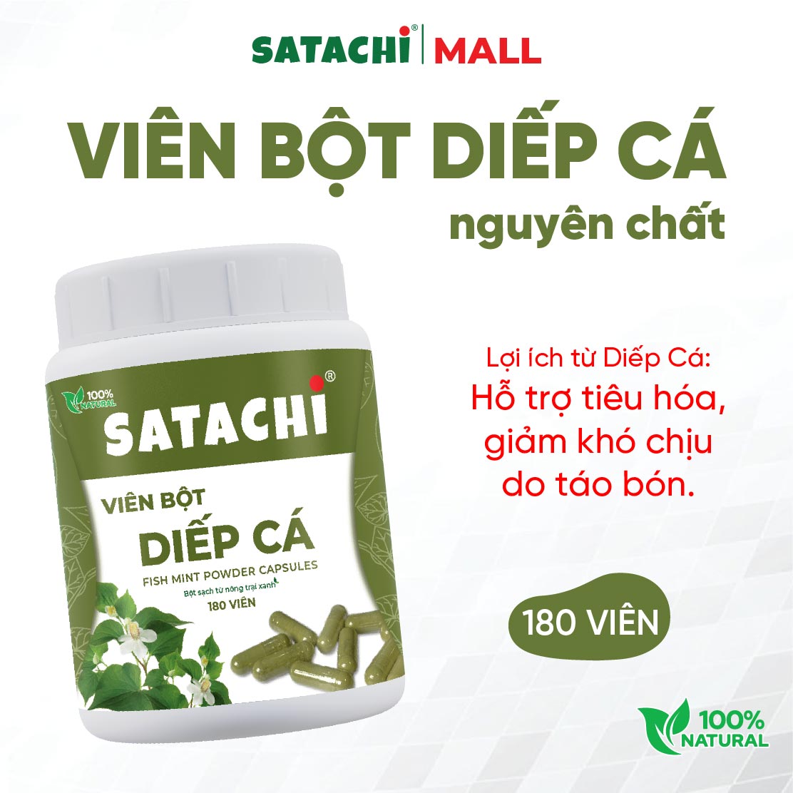 Viên Bột Diếp Cá Nguyên Chất SATACHI – 100% Lá Diếp Cá Tươi – Dạng Viên Tiện Lợi – Hộp 180 viên