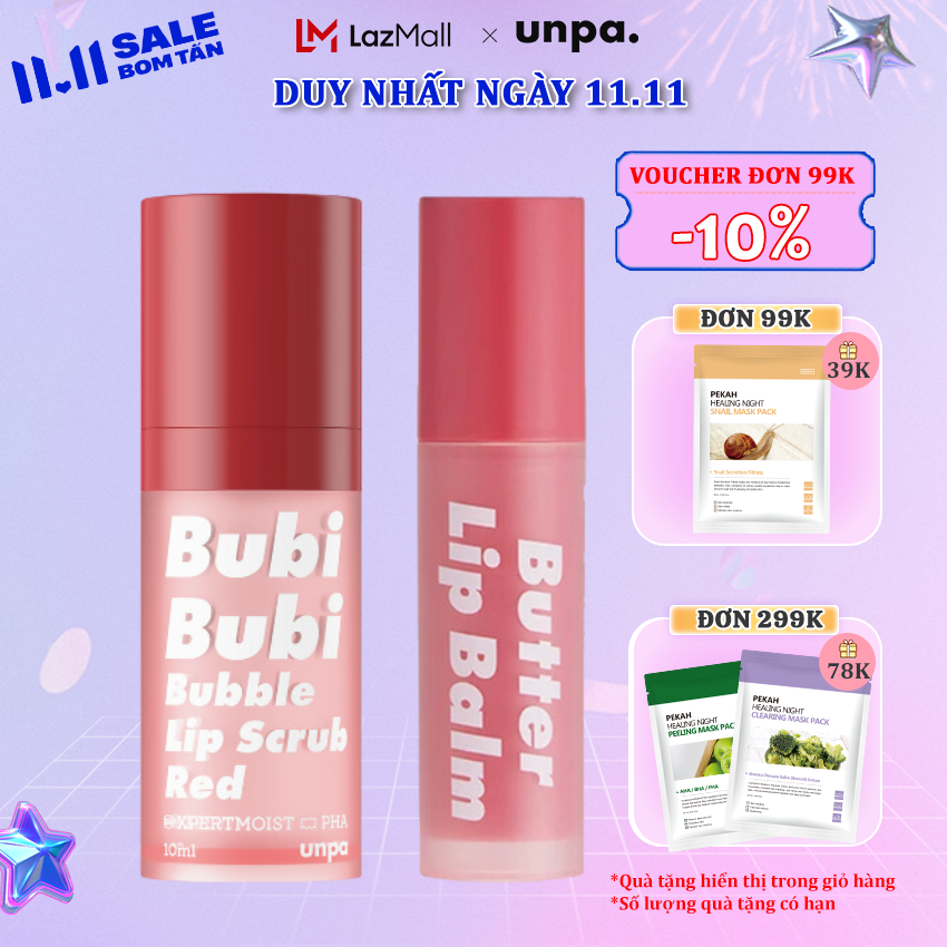 Combo tẩy tế bào chết môi và son dưỡng môi dạng sáp giúp môi căng mọng Unpa Bubi Lip Scrub 10ml và Lip Balm 3.8g