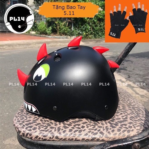 Mũ bảo hiểm khủng long người lớn màu đen nhám tặng bao tay 511