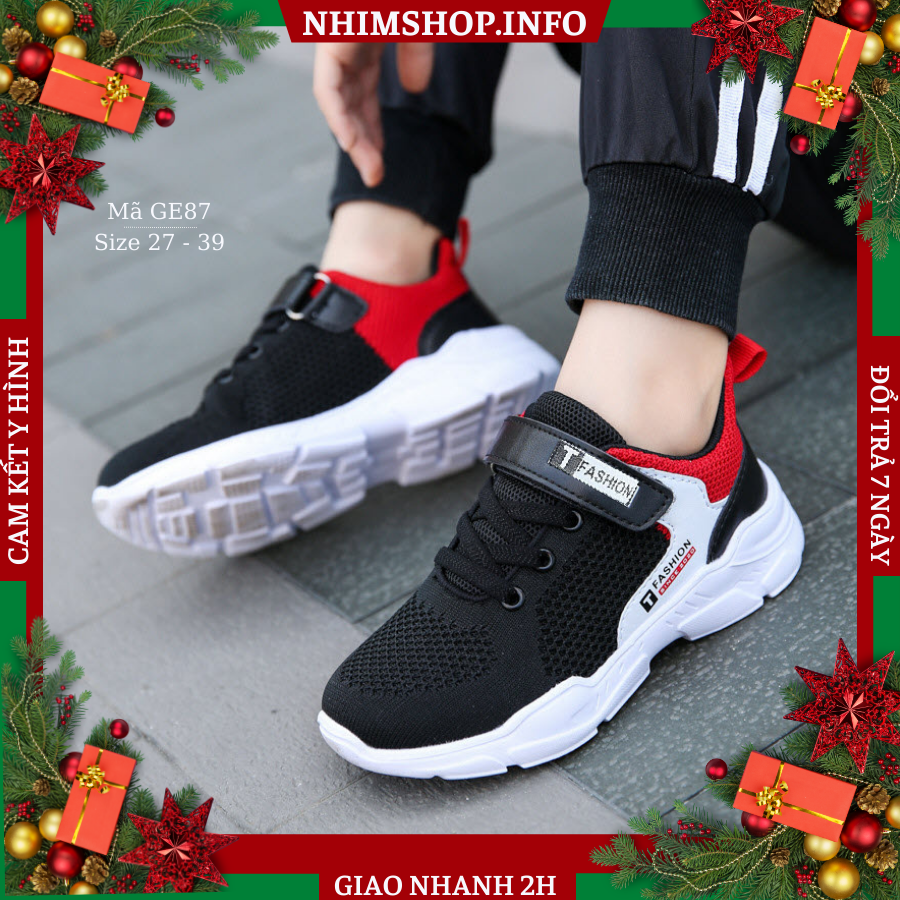 Giày thể thao cho bé trai 3 4 5 tuổi NHÍM SHOP quai dán đế Eva siêu nhẹ màu đỏ đen thời trang năng động và cá tính phù hợp cho trẻ em nam mang đi học chạy bộ GE87