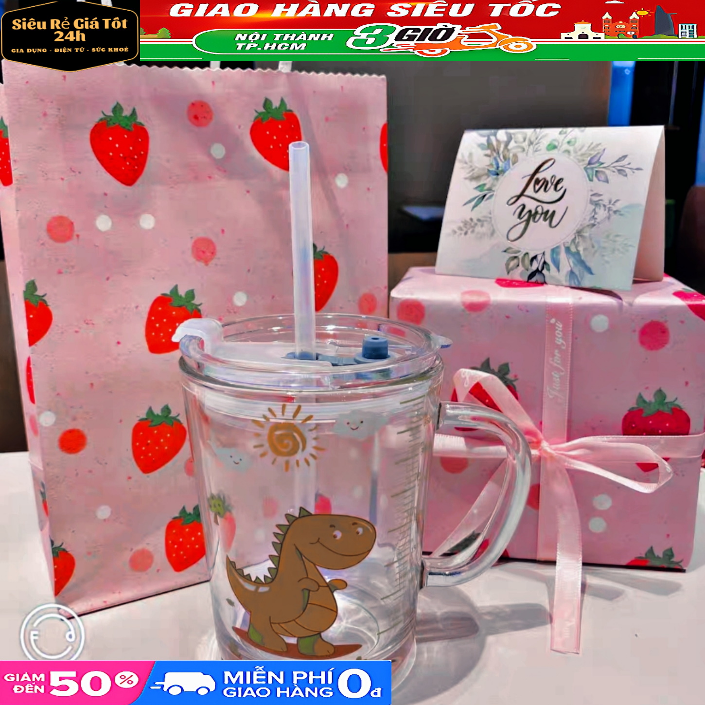 Ly Cốc nước, ly thủy tinh có vạch chia dung lượng - Tặng Kèm Ống Hút Chịu Nhiệt