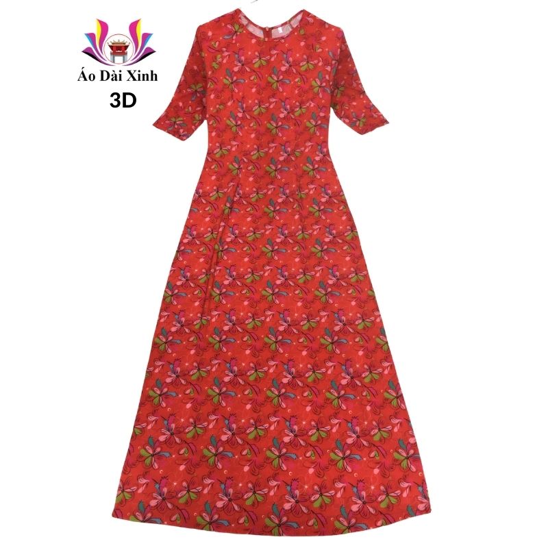 Áo dài truyền thống in 3D lụa Nhật cổ tròn tay lỡ màu đỏ hoa hình cánh.