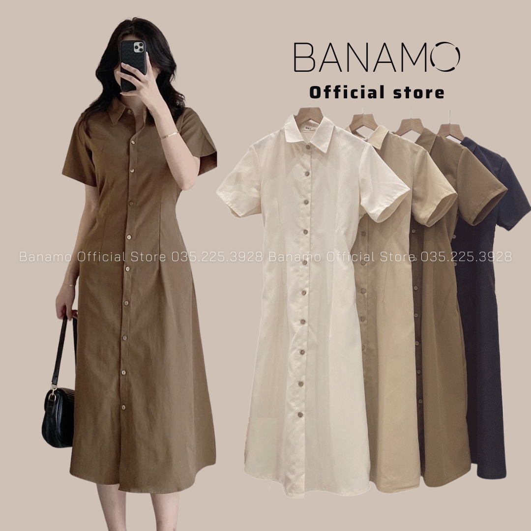 Đầm váy nữ Banamo Fashion váy sơ mi cộc tay chun eo dáng dài 5915