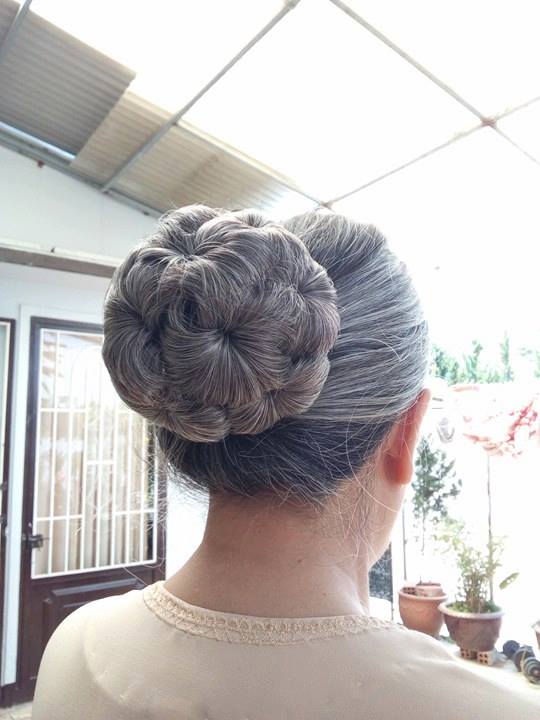 Búi Tóc Giả Hoa Trà Cho Bà [ Màu Muối Tiêu ]