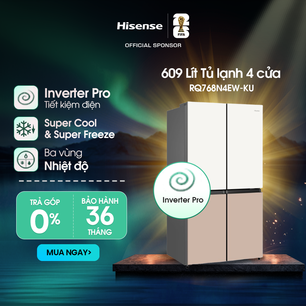 Tủ Lạnh Hisense Inverter 609L RQ768N4EW-KU - 4 Cửa, Kính Mặt Gương, Màu Nude