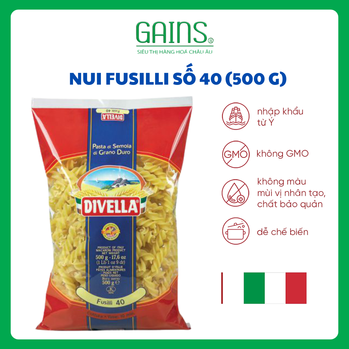 NUI FUSILLI SỐ 40 DIVELLA (500G) – XOẮN NGON CHUẨN VỊ Ý, DỄ CHẾ BIẾN CHO MỌI MÓN ĂN date 31/12/2027