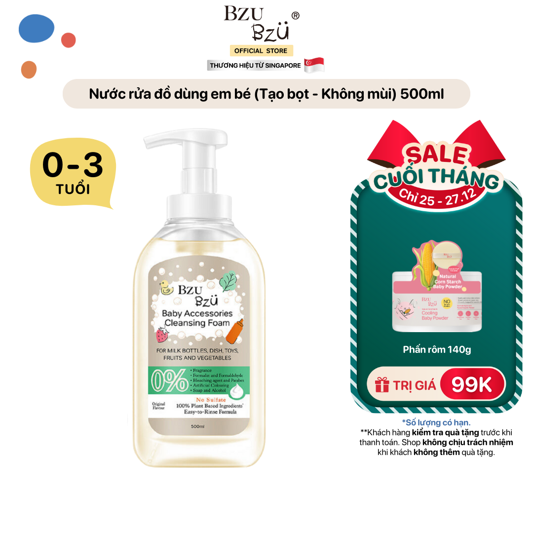 Nước Rửa Bình Sữa Và Đồ Dùng Em Bé BZU BZU Baby Accessories Cleansing Foam Tạo Bọt, Thành Phần Thực Vật Chai 500ml