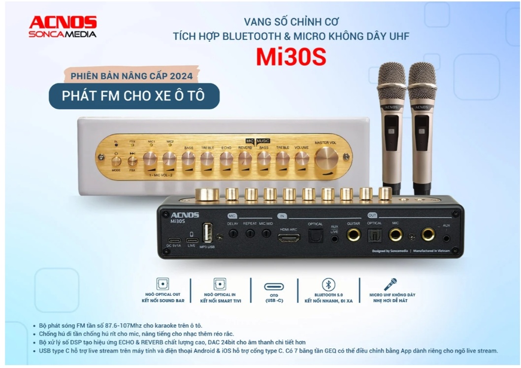 Vang số  Acnos Mi30S. Mi30S ver2024 phát FM cho xe oto, sử dụng hát karaoke trên các loa nghe nhạc c