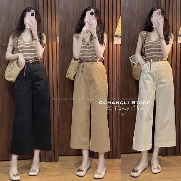 Quần ống rộng kaki dày dặn không nhăn dáng lửng dễ phối siêu xinh size S M L XL
