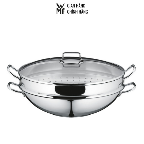 Chảo xào kèm xửng hấp wmf macao wok 4pc chất liệu thép không gỉ cromargan nắp đậy bằng kính cường lực - 0792566040