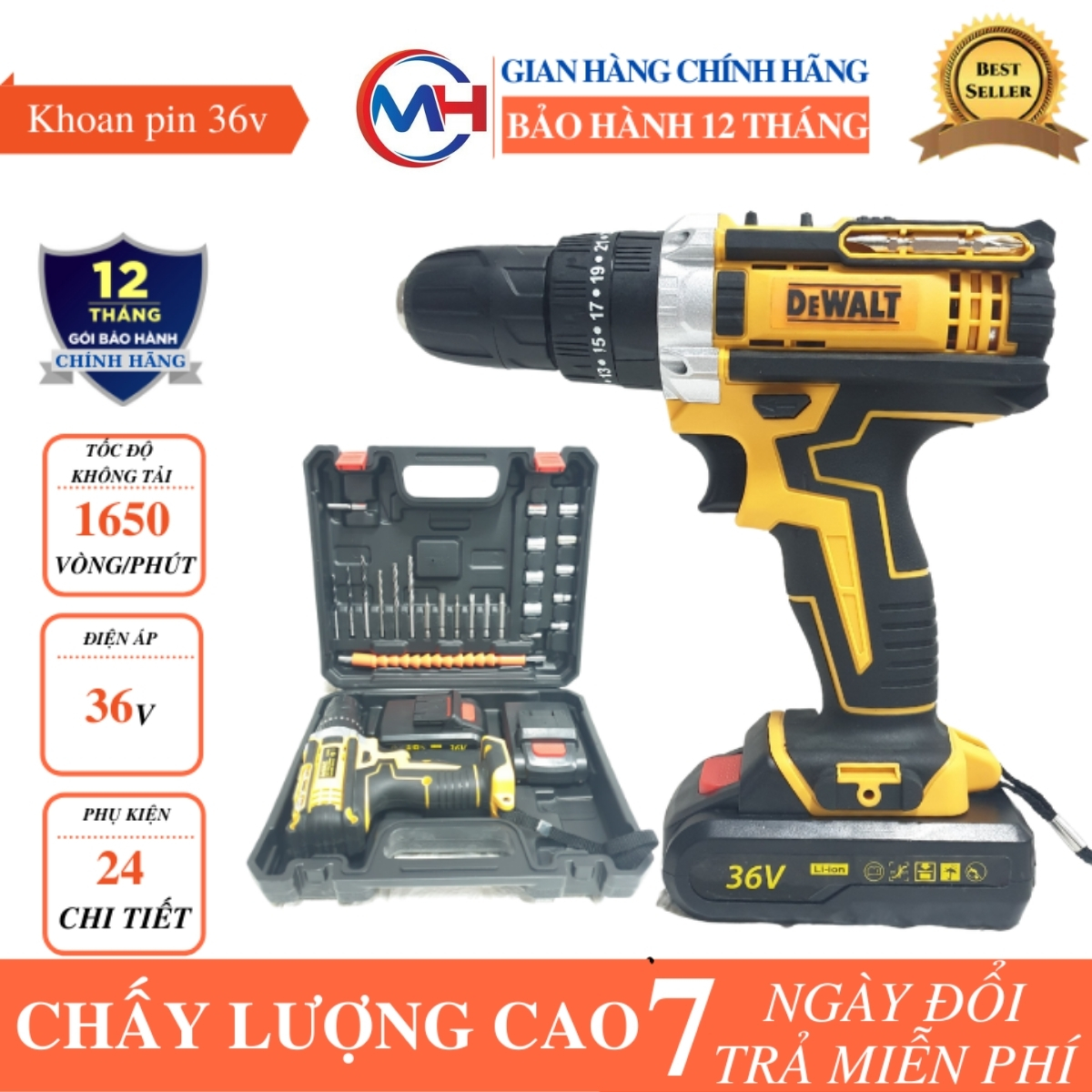 Máy khoan pin d-walt 36v 3 chức năng 2 pin kèm 24 phụ kiện có cân bằng máy.