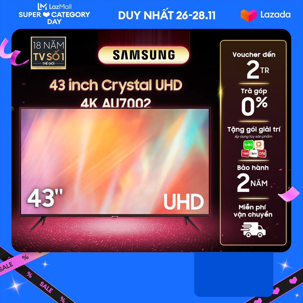 [DUY NHẤT 26-28.11] Smart Tivi Samsung  4K Crystal UHD 43inch UA43AU7002KXXV - Hàng Chính Hãng - Phân Phối Bởi Lazada - MIỄN PHÍ VẬN CHUYỂN TOÀN QUỐC