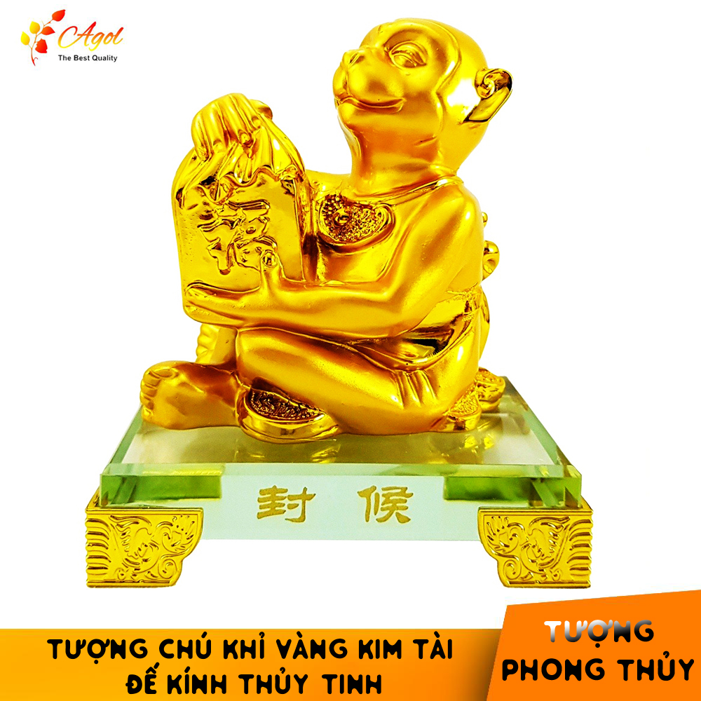 Tượng chú khỉ vàng đế kính thủy tinh cao cấp - hầu tôn ôm vàng
