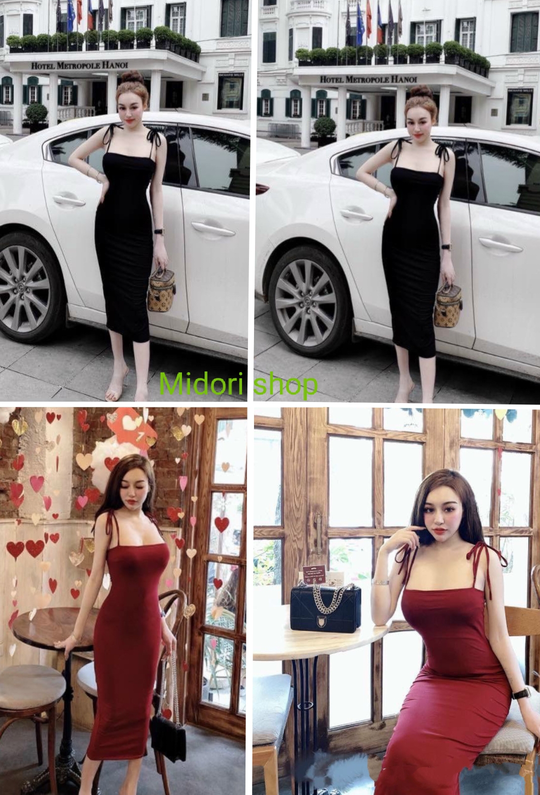Đầm ôm body nữ hai dây cột nơ chất thun gân dày dặn, hai màu đen - đỏ, Váy body nữ xinh giá rẽ, váy ôm hai dây nữ chất thun co giãn tốt, váy body 2 dây HOT NEW