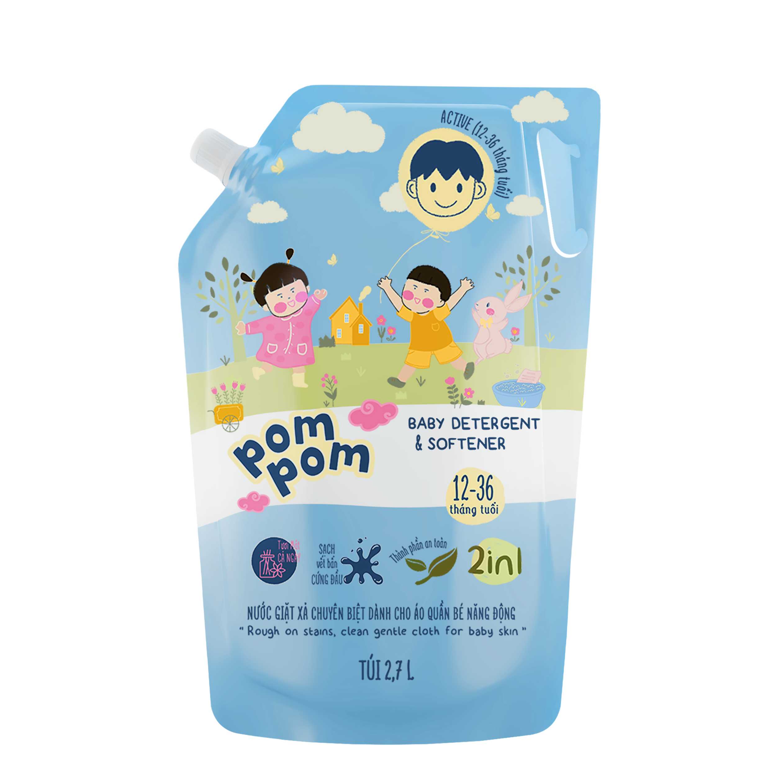 Túi Nước Giặt Xả Pom Pom Active 2.7L - Sạch Sâu Mùi Mồ Hôi