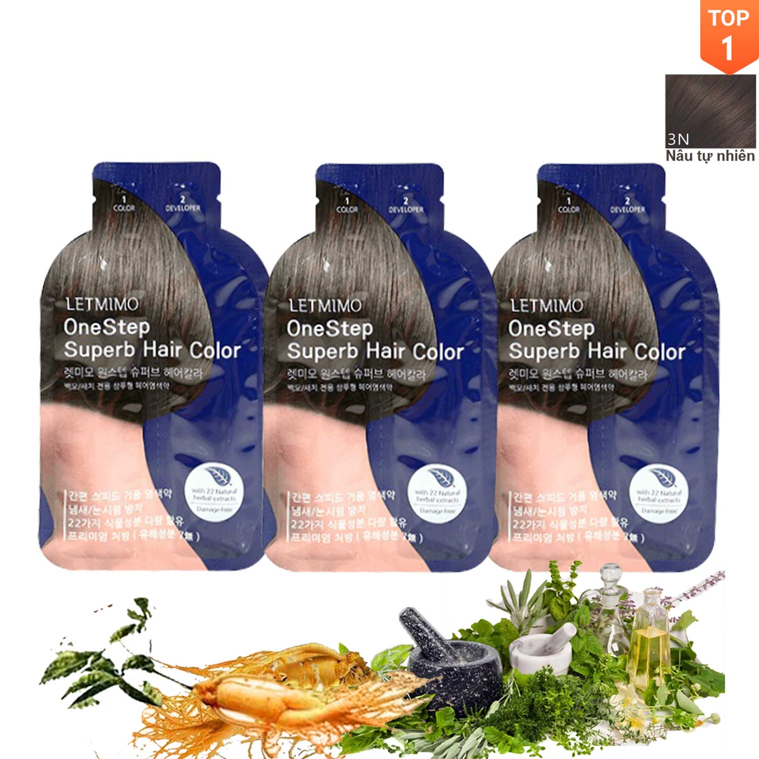 thuốc nhuộm tóc đen , Nâu Tự Nhiên Set 3 gói = 3 lần dùng , bestke