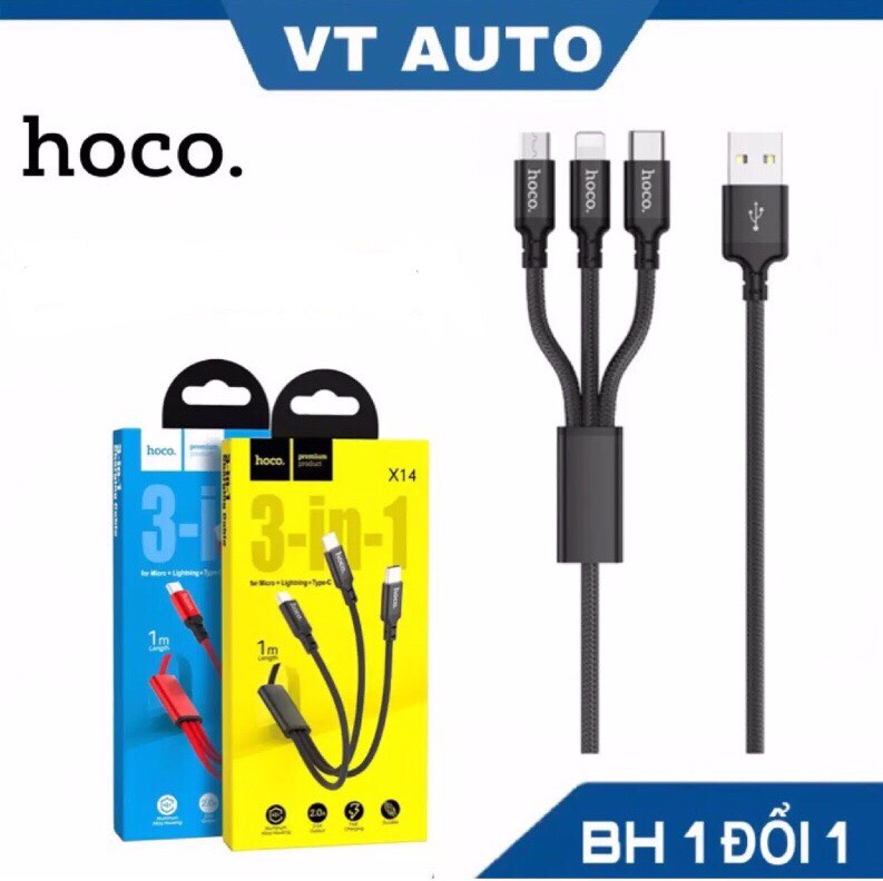 Dây sạc 3 đầu hoco x14 - cáp sạc đa năng 3 in 1 lightning micro usb type c cho iphone samsung oppo...vv - VT auto