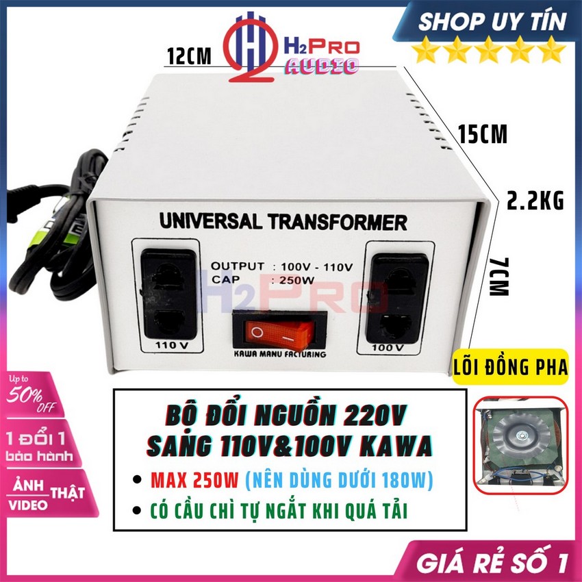 Đổi Nguồn 220V Sang 110V-100V 250W Kawa Hoặc Đổi Ngược Nguồn 110V Sang 220V Cao Cấp-Dùng Cho Máy Dưới 180W-H2Pro Audio