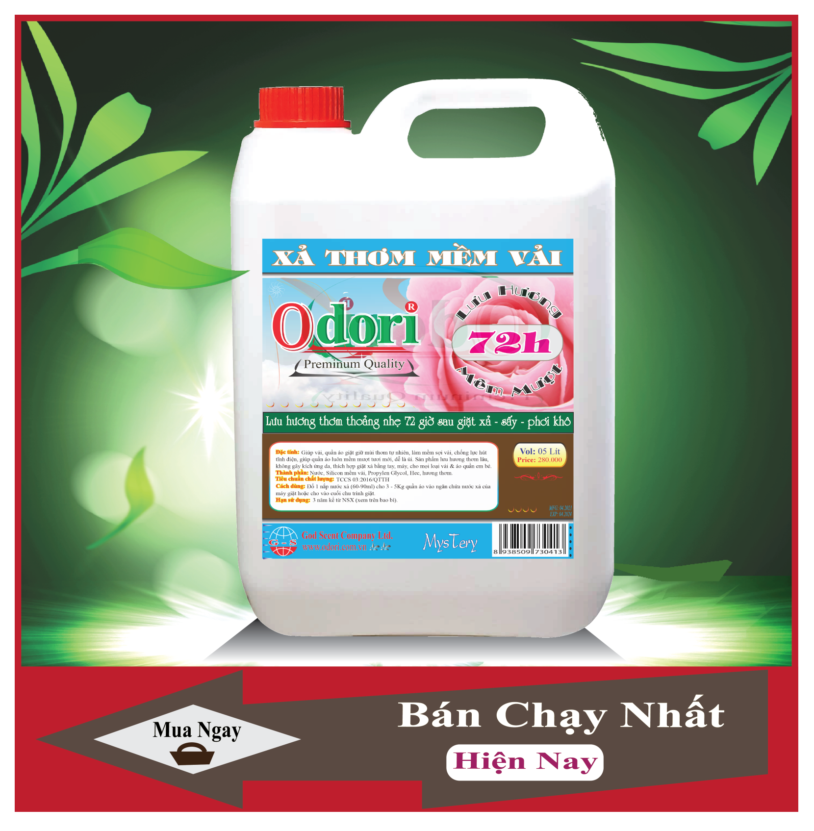 Bình 5 Lít Xả thơm mềm vải quần áo - Lưu hương thơm thoáng nhẹ suốt 72 giờ - Mystery chính hiệu ODORI