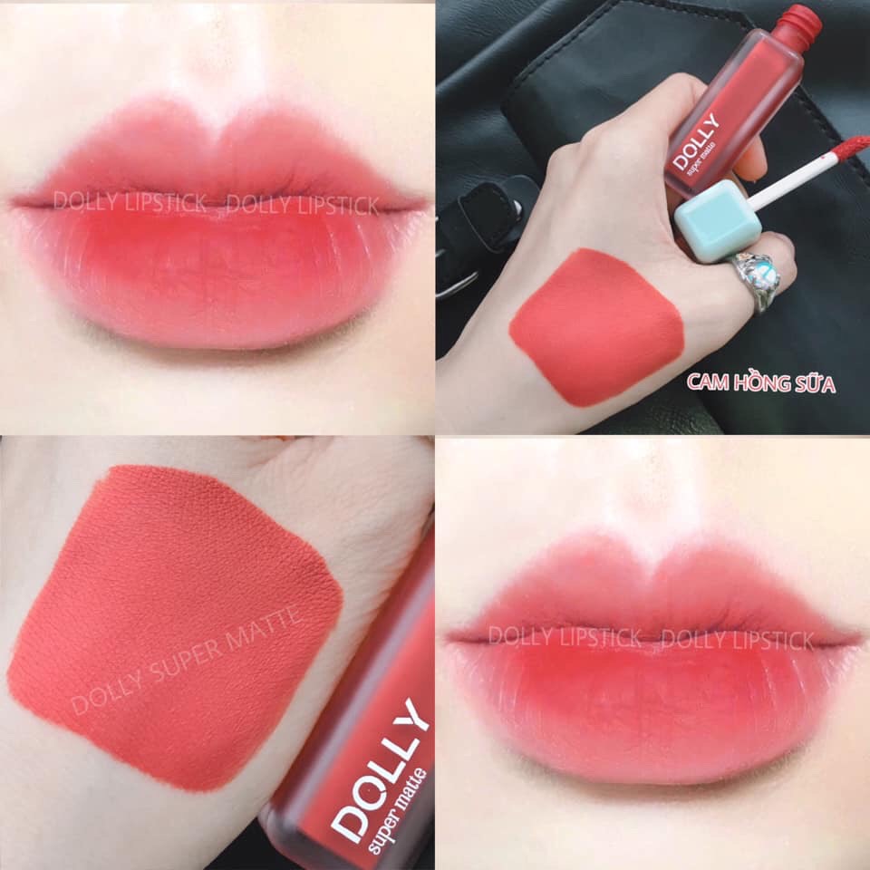 Son kem lì màu Cam Hồng Sữa Dolly super matte, son kem lì không chì bền màu lâu trôi