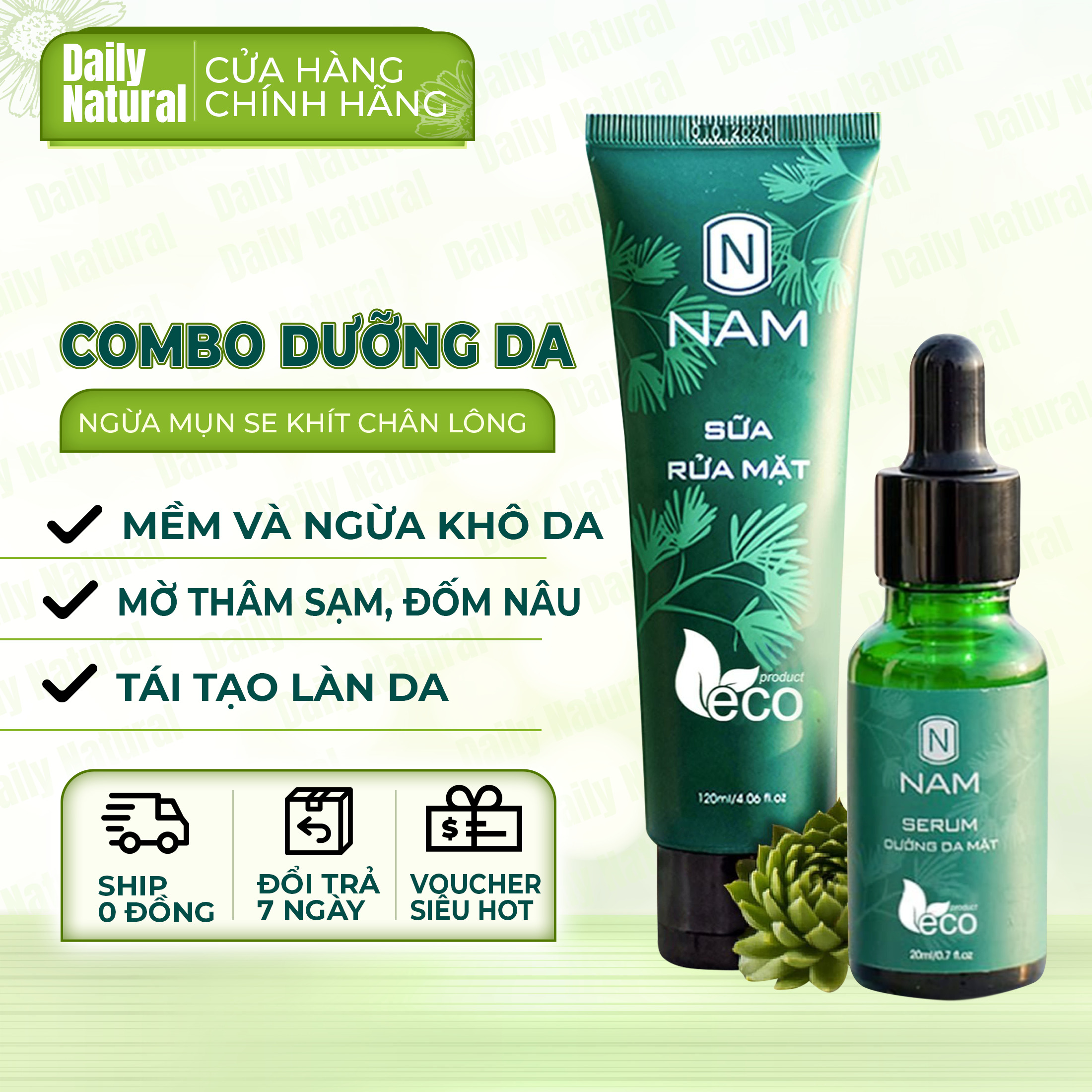 Combo dưỡng da mặt nam Thiên Nhiên Việt , ngừa mụn se khít lỗ chân lông, trắng sáng tự nhiên - Daily Natural